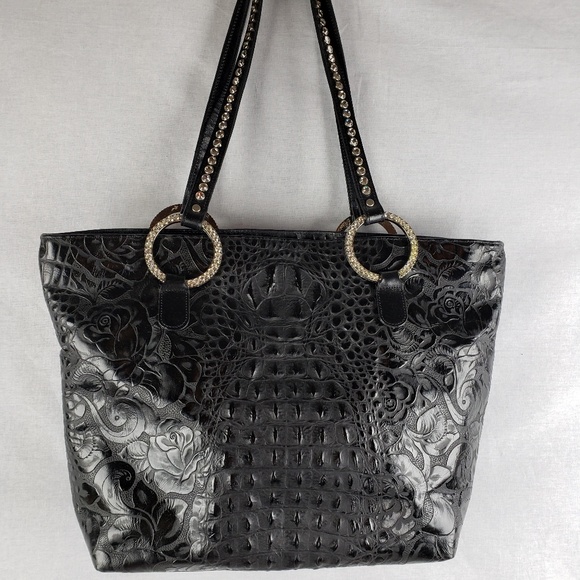 Raviani Blk Embossed and Swarovski Crystal Tote - Picture 3 of 5